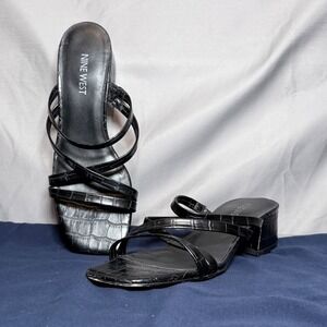 Nine West Rayna Sandals Womens 7M Black Excellent Croc Embossed Square Toe Block